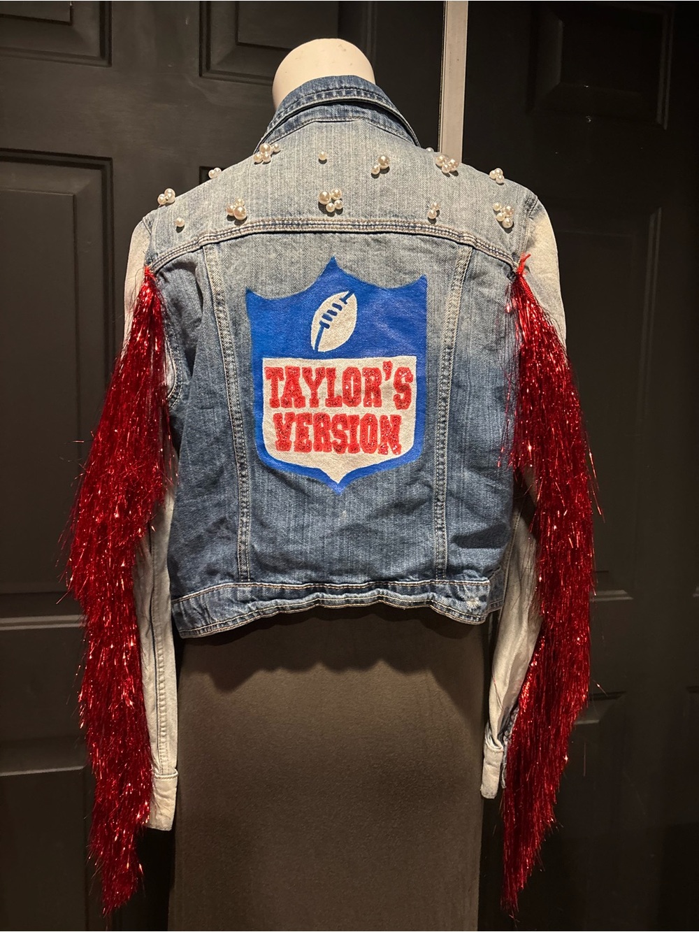 Taylor Swift Custom Taylor’s Version Denim Jacket Red Fringe Pearls NFL logo